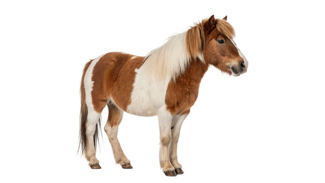 Brown and white pony stands in a studio setting isolated on transparent background cut out