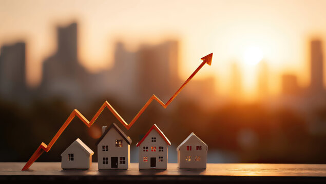 Miniature houses with rising arrow graph against city skyline at sunset
