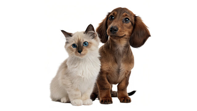 Cute puppy and kitten friends ragdoll cat kittenragdoll-cat-kitten-and-dachshund aka teckel and dachshund aka teckel isolated on transparent background cut out