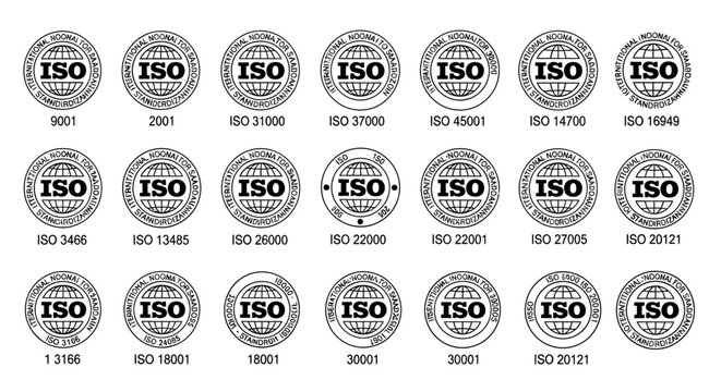 Collection of ISO certification logos, representing quality management and standards across various industries and sectors