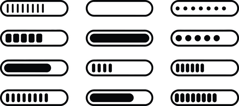 Loading and progress bar symbols, collection of animated style UI indicators including buffering lines download timeline and processing status icons.