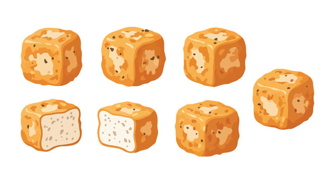 Set of Fried Tofu Cubes Vector Illustration, Golden Brown Crispy Tahu Goreng for Asian Food Menu and Healthy Vegan Recipes