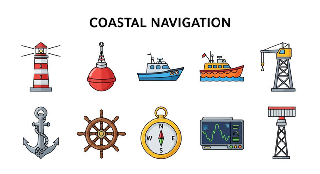 Coastal navigation icons and symbols.