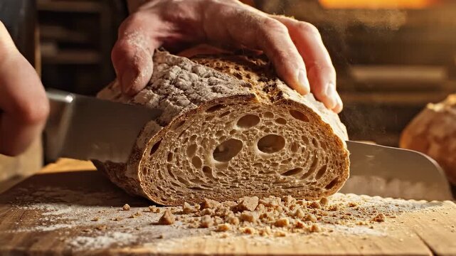 A close-up of hands slicing a crusty loaf of artisanal bread on a wooden cutting board with flour dust