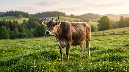 Fototapeta premium Healthy Cow Grazing in Green Field for Islamic Sacrifice Ritual