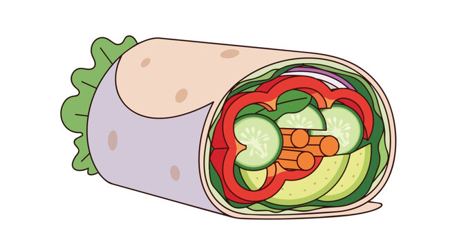 Healthy Vegetarian Vegetable Wrap with Fresh Lettuce Cucumber Red Pepper Carrot and Avocado Vector Illustration