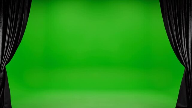 Opening black curtains revealing a bright green screen background, creating a dramatic and inviting stage environment