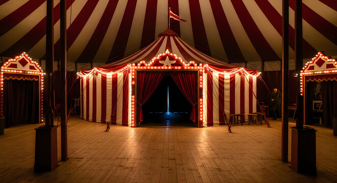 Circus tent interior with red and white stripes and glowing lights on entrance.