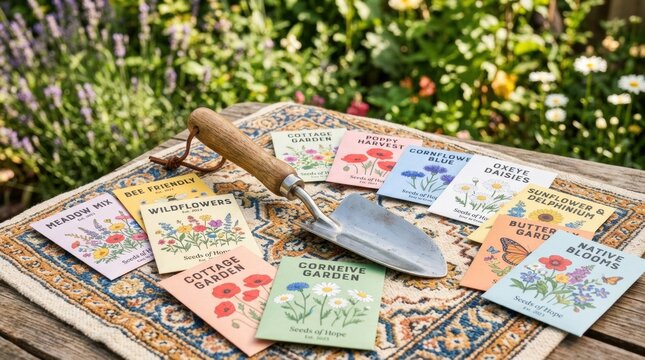 Gardening tools and seed packets on a rustic table in a blooming garden setting