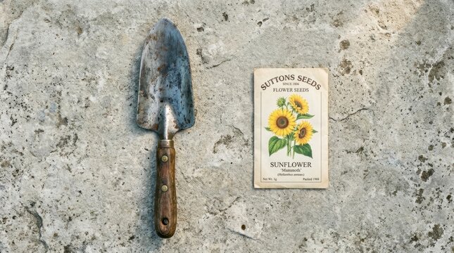 Gardening planting concept with vintage trowel and sunflower seed packet on rustic stone background