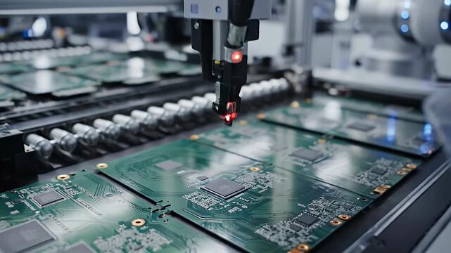 A modern, automated factory floor showcases rows of printed circuit boards being processed by robotic arms, highlighting the precision and efficiency of advanced manufacturing.