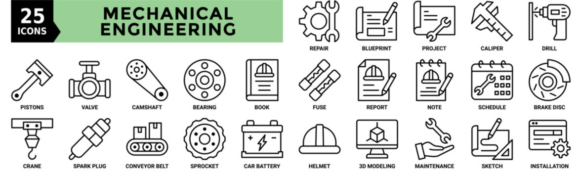 Mechanical engineering icon collection set. Containing blueprint, project, caliper, drill, fuse, report, note and more. Outline vector icons collection