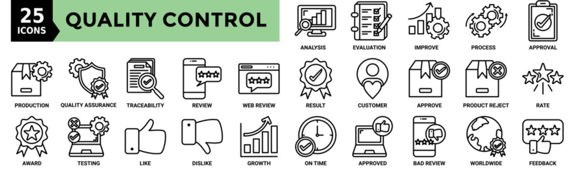 Quality control icon collection set. Containing analysis, evaluation, improve, process, award, testing and more. Outline vector icons collection