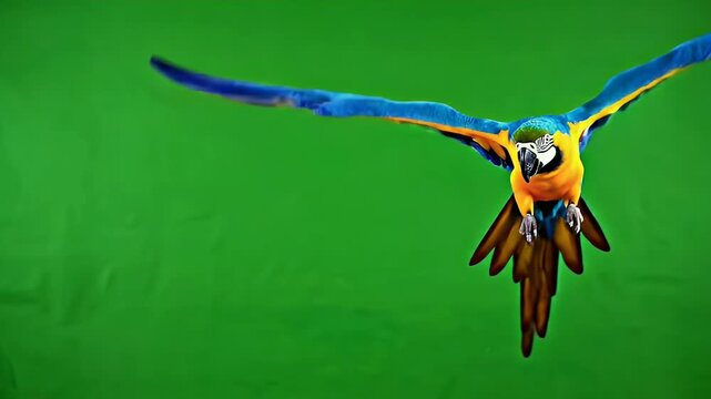 A vibrant blue and yellow macaw soars gracefully against a bright green screen, showcasing its stunning plumage and powerful wings.