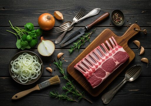 Raw rack of lamb with ingredients on a dark wooden table