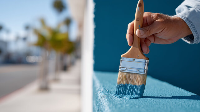 Close up of a paintbrush loading vivid teal paint against a sunlit concrete wall, community mural detail work, street artist volunteer, urban art project, neighborhood beautification close up, summe
