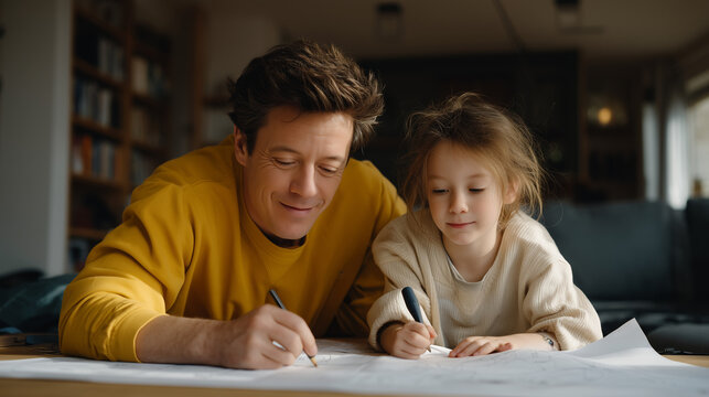 Father and teenage daughter building flat-pack furniture together in suburban living room on Father's Day morning, instruction sheets spread on floor, laughter mid-assembly, intergenerational bondin