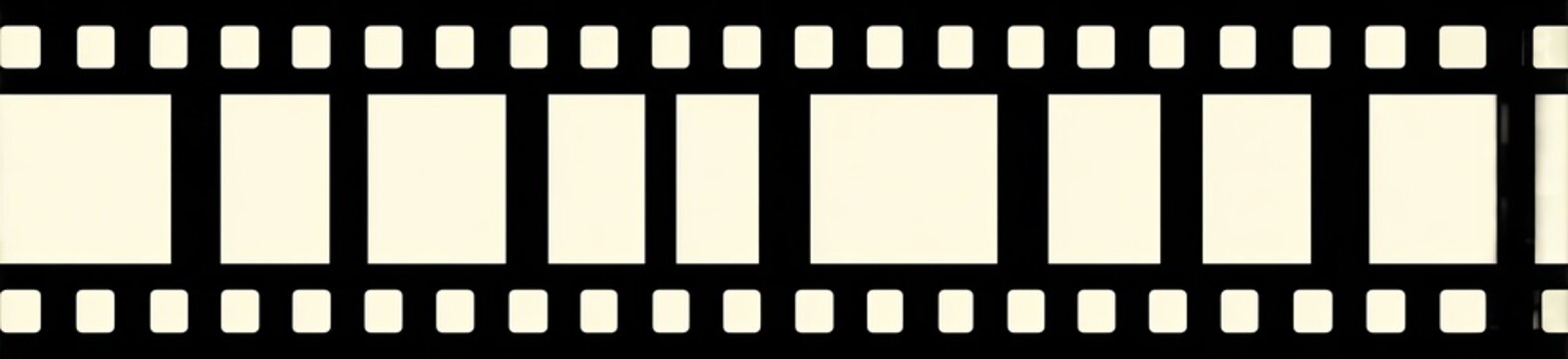 Horizontal strip of vintage film reel with perforations and blank frames