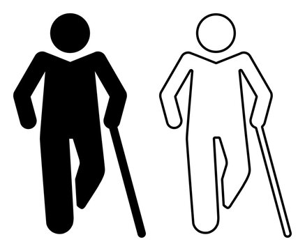 Person with a mobility impairment icon pair in black, outlined and filled, accessibility symbol. Ideal for accessibility, mobility assistance, or disability support design.