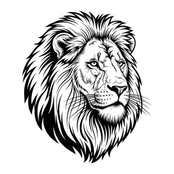 Majestic lion head roaring vector illustration in black and white line art style for wildlife and nature design with king of jungl