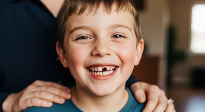 Close-up portrait of a happy young boy smiling with a missing front tooth, showing childhood innocence.