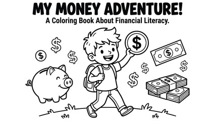 Financial literacy coloring page for children featuring boy with piggy bank and currency.
