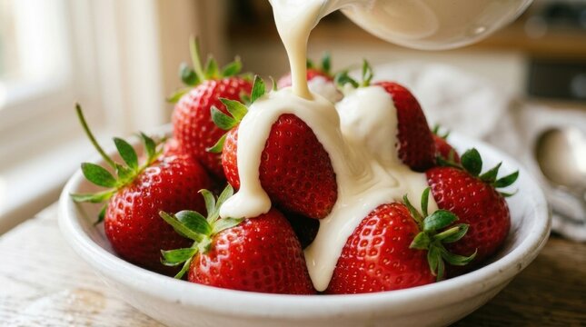 Fresh strawberries with cream topping for a delicious dessert experience