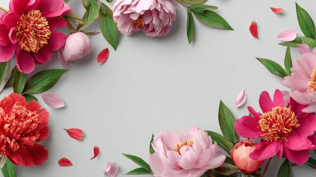 Vibrant floral arrangement featuring pink and red peonies on a soft gray background.