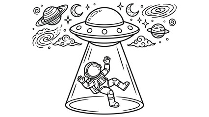 Astronaut abducted by flying saucer with alien spaceship in space black white outline art. © MdJubayer