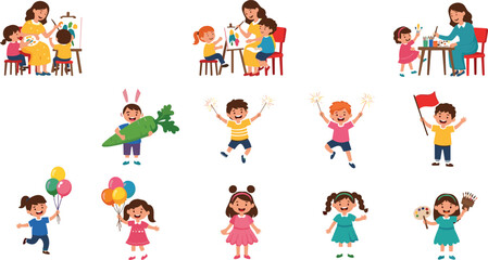 Fototapeta premium Kids celebrating and doing creative activities set with painting balloons and party fun cartoon vector illustration collection isolated on white background
