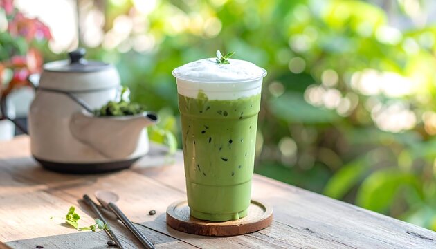 Refreshing iced matcha drink with whipped cream, sunny outdoor scene