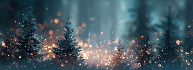 Fototapeta premium Snowy evergreen trees with warm, hazy bokeh lights in a forest