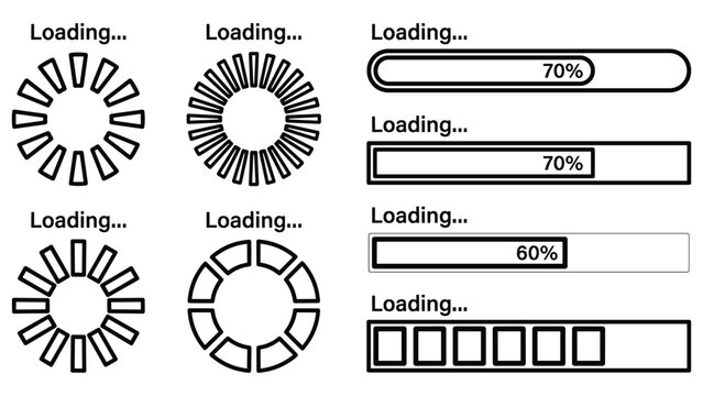Loading progress bars and indicators collection, various designs, percentages shown.