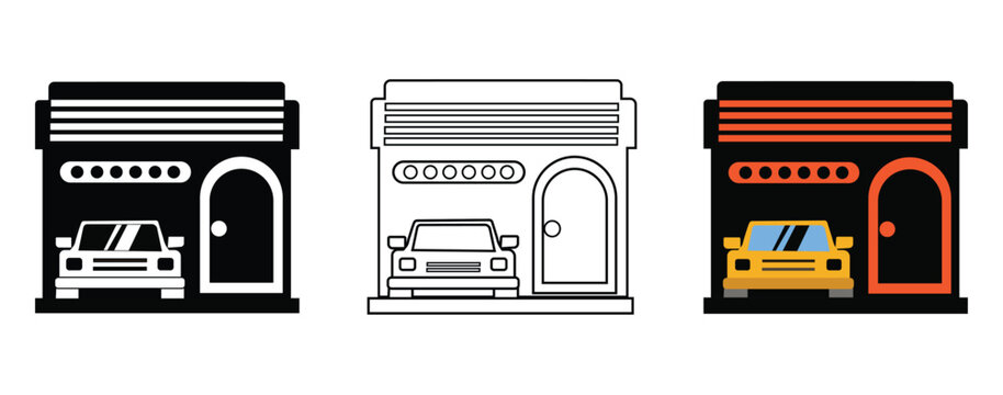 Car garage and auto repair shop icons set featuring a vehicle inside a workshop in silhouette, outline, and flat color styles
