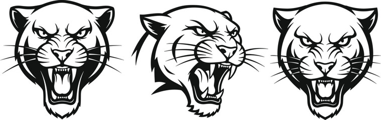 Set of Black Panther and Cougar Head Illustrations with Fierce Expression for Wildlife and Predator Theme © Lipon
