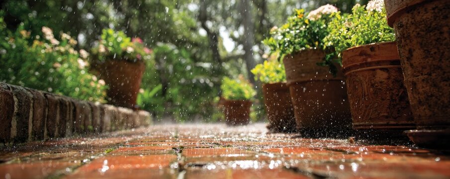Rain falling on a brick patio with potted plants