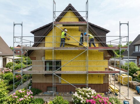 Professional builders installing mineral wool insulation on a residential house facade from a scaffold to improve energy efficiency during a home renovation project.