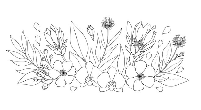 Flower border botanical line art with delicate leaves, buds, and daisy accents for greeting cards and design templates