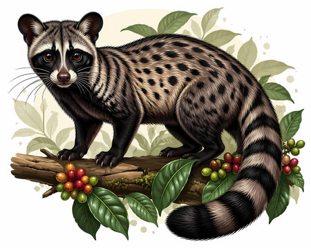 Beautiful digital illustration of a luwak (Asian palm civet) standing on a branch with coffee cherries and leaves. Educational wildlife art featuring Paradoxurus hermaphroditus.
