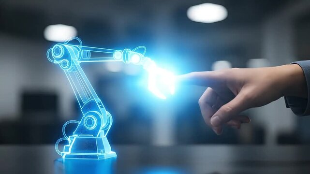 Robotic arm technology human interaction futuristic automation blue neon light