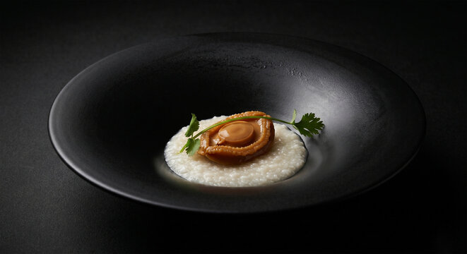 A minimalist, high-end presentation of Abalone Congee. A wide-rimmed, matte black ceramic bowl features a small, elegant mound of white porridge, topped with one perfectly sliced, amber-colored braise