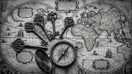 Naklejka premium Antique world map with keys and compass, vintage exploration concept.
