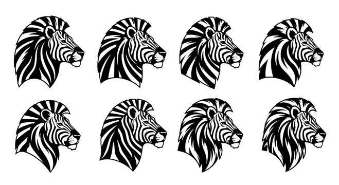 Zebra head illustrations set with black and white stripes featuring illustration, animal, wildlife with nature and graphic elements for design,
