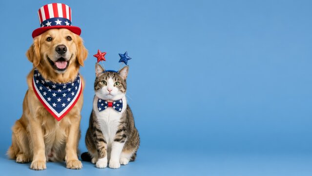 Happy golden retriever and tabby cat wearing Fourth of July patriotic accessories with blue copy space
