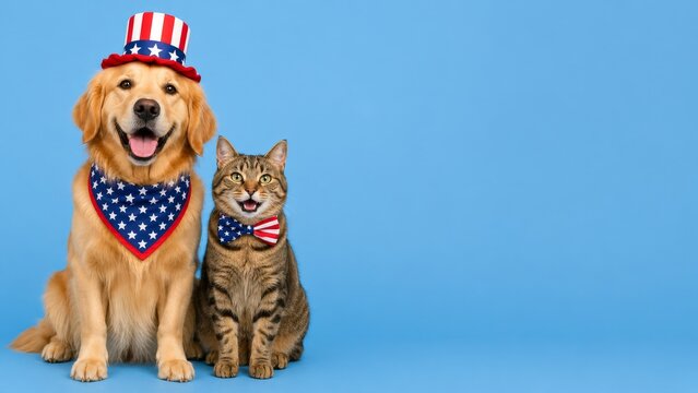 Smiling golden retriever and tabby cat wearing patriotic Fourth of July accessories with blue copy space