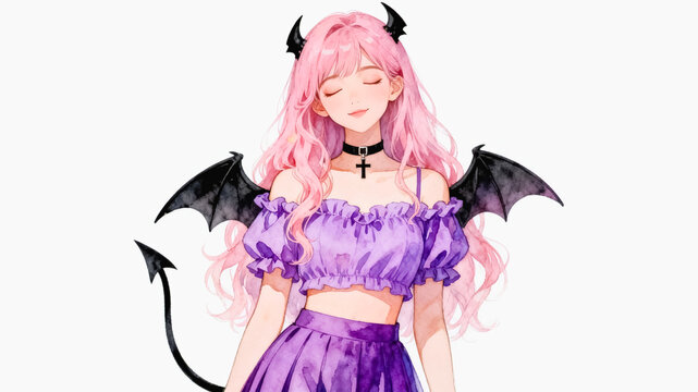 This is a watercolor style portrait of a young female demon character with long pink curly hair, black horns, bat wings and tail, wearing purple off-shoulder outfits.