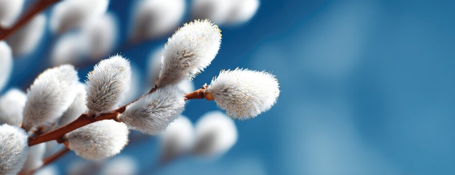 Fluffy white catkins on a branch against a soft blue blurred background