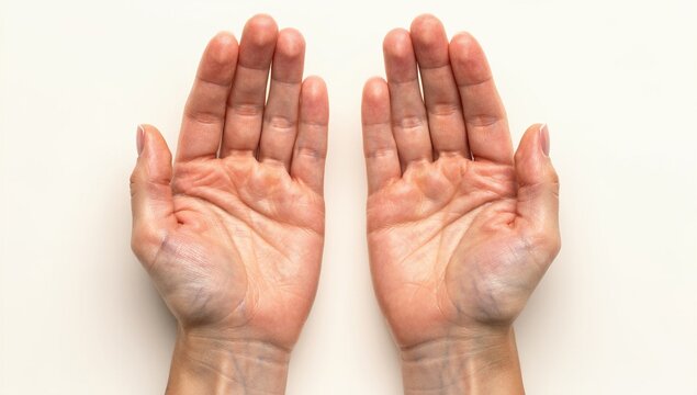 Deux mains ouvertes tendues vers l'objectif sur fond blanc &ndash; Offrande, g&eacute;n&eacute;rosit&eacute; et transparence_Two open hands extended toward camera on white background &ndash; Offering, generosity and transparency