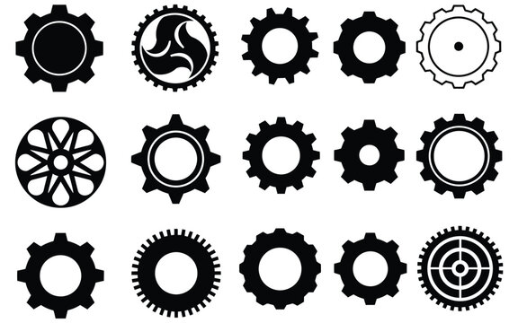 A collection of various black and white gear icons on a plain white background for use in mechanical or industrial design concepts