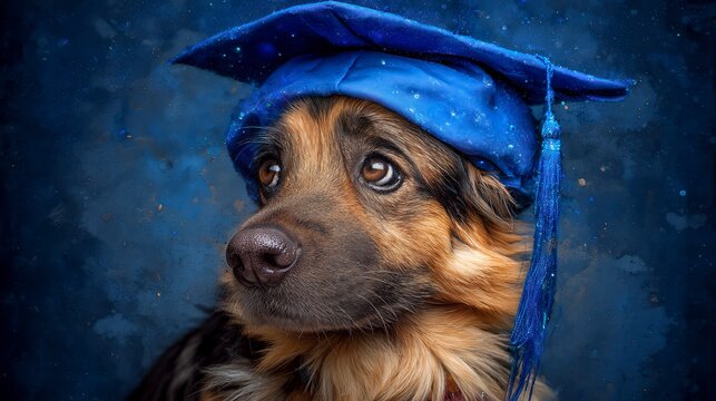 Proud German Shepherd Dog wearing a blue graduation cap against a dark blue background watercolor clipart illustration for graduation celebrations and smart pet themed designs.